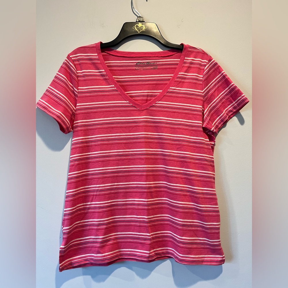 Eddie Bauer  Red Striped V-Neck Tee